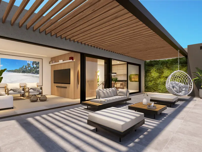 Terraço da cobertura duplex com pergolado, estar externo e living integrado